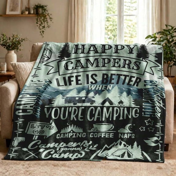 Multicolor 5 Happy Campers Flannel Throw Blanket 50x60 - Retro Camping Quotes, RV, Tent & Mountain Design