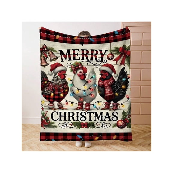 Multicolor 6 Chicken Christmas Throw Blanket, Festive Plaid Border With Roosters, Lights & Bells For Home Decor