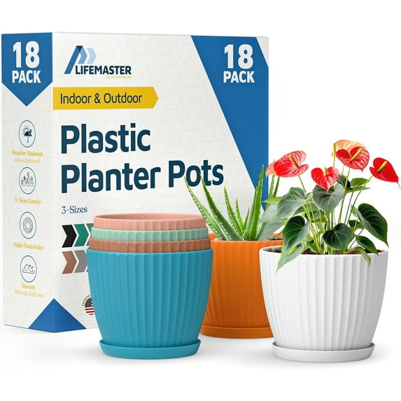 Multicolor 6-Inch Plant Pots with Drainage & Saucers 18 Pack, Indoor & Outdoor Planters for Houseplants, Herbs, and Flowers, Durable & Weatherproof Material, Stackable, Lightweight, Minimalist Design