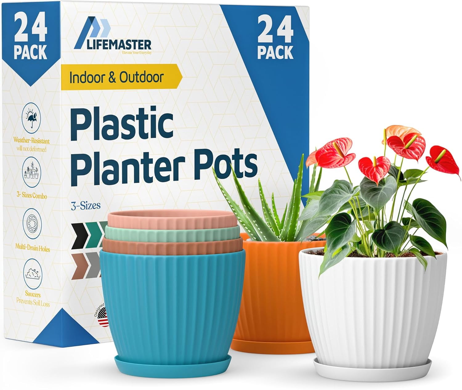 Multicolor 6-Inch Plant Pots with Drainage & Saucers 24 Pack, Indoor & Outdoor Planters for Houseplants, Herbs, and Flowers, Durable & Weatherproof Material, Stackable, Lightweight, Minimalist Design