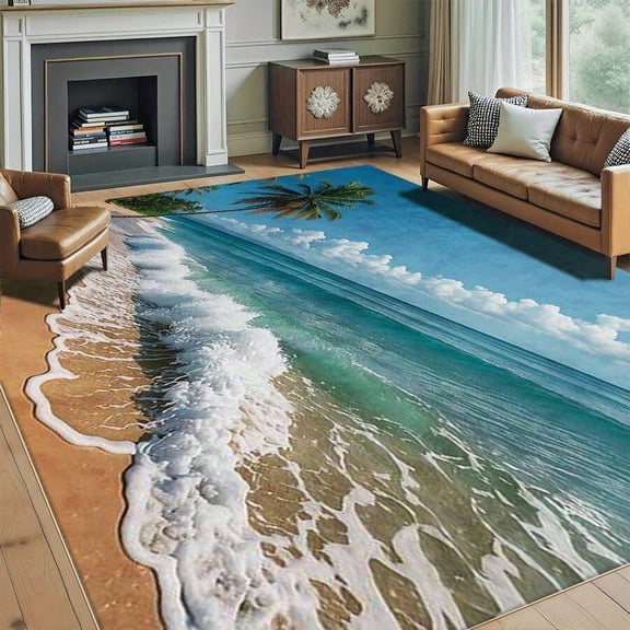 Multicolor 7 Coastal Beach Area Rug - Realistic Ocean Waves, Sand & Palm Tree Design, Non-Slip, Machine Washable Indoor/Outdoor Mat