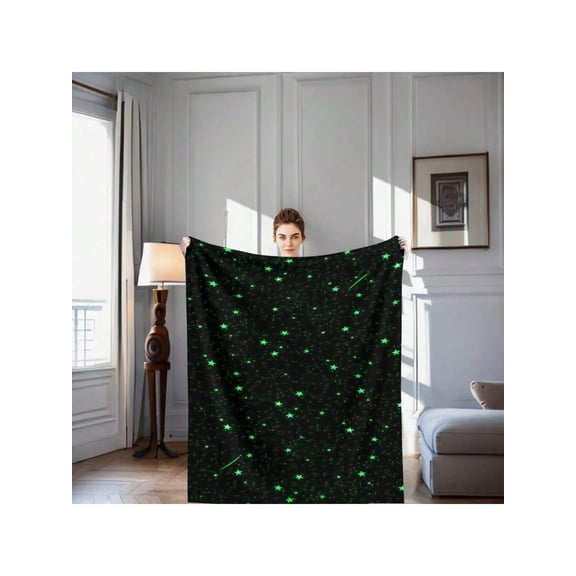 Multicolor 7 Starry Sky Flannel Throw Blanket – Soft Plush Polyester With Glowing Green Stars On Black Background