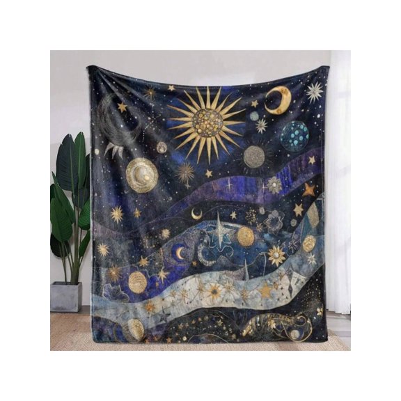 Multicolor 8 Cosmic Tapestry Flannel Throw Blanket – Plush Polyester, Metallic Gold Stars & Moons, Deep Navy Galaxy Design