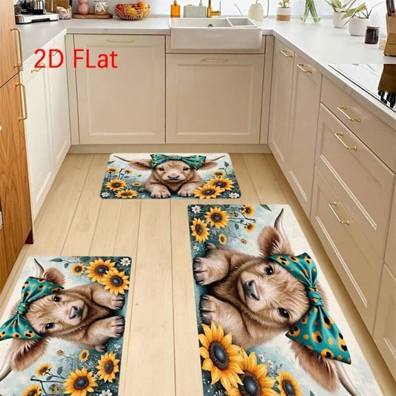 Multicolor 8 Highland Cow With Sunflowers & Teal Bow Printed Flannel Kitchen Mat Set Non-Slip Floor Mats