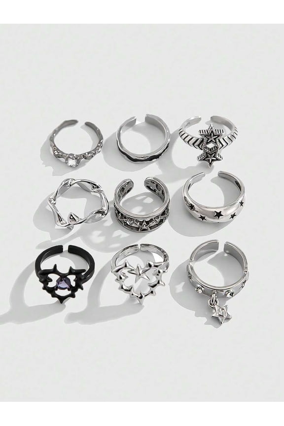 Multicolor 8-Piece Gothic Style Open Ring Set: Star, Skull, Geometric & Floral Metal Stacking Rings for Women