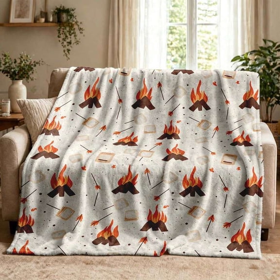 Multicolor 9 Campfire Icons Flannel Throw Blanket 50x60 - Retro Outdoor Design With Campfires, Marshmallows & Arrows On Light Gray Base