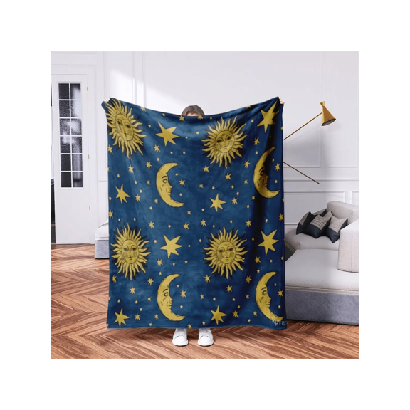 Multicolor 9 Starry Sky Flannel Throw Blanket – Plush Polyester, Deep Navy Base With Metallic Gold Sun, Moon & Stars