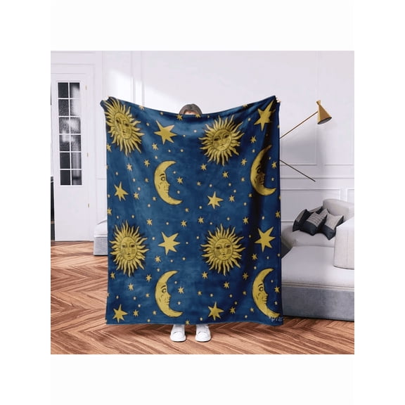 Multicolor 9 Starry Sky Flannel Throw Blanket – Plush Polyester, Deep Navy Base With Metallic Gold Sun, Moon & Stars