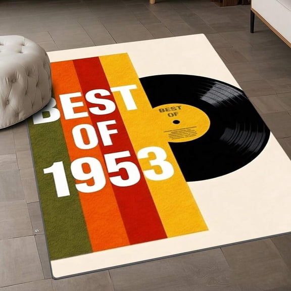 Multicolor 9 Vinyl Record Design Area Rug – Retro Stripes & Bold Typography For Living Room Or Office