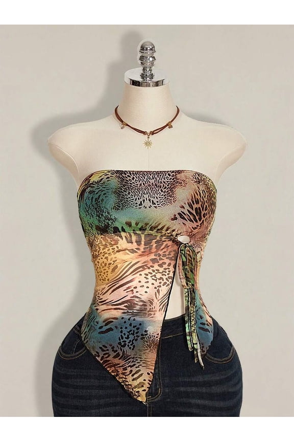 Multicolor 95% Cotton Drawstring Asymmetrical Hem Fitted Tube Top