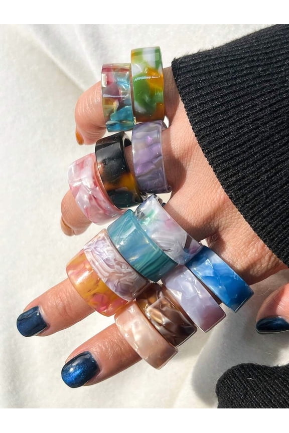Multicolor A Asymmetric Geometric Tie-Dye Transparent Resin Ring Set, Stackable Casual Jewelry For Adults