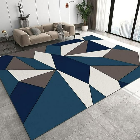 Multicolor Abstract Aesthetic Design Area Rug, Blue And White Triangle Geometric Shapes Bedroom Rug, Soft Low Pile Washable Non-Slip Carpet For Living Room Nursery Kitchen Office 4 x 5ft