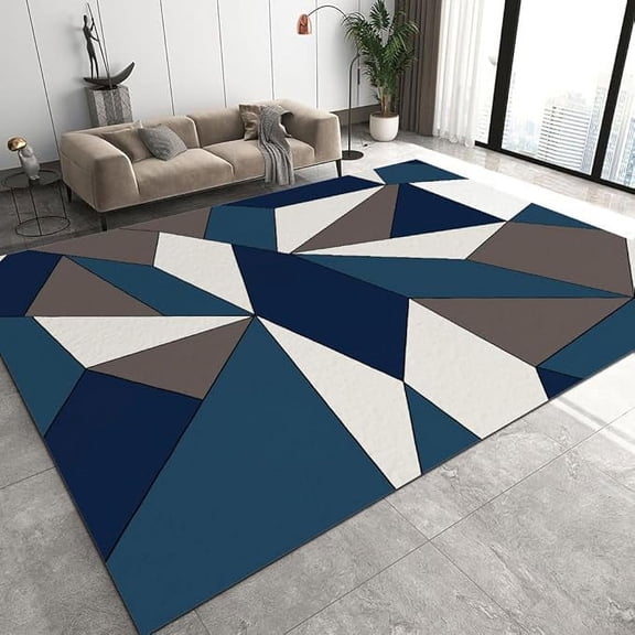 Multicolor Abstract Aesthetic Design Area Rug, Blue And White Triangle Geometric Shapes Bedroom Rug, Soft Low Pile Washable Non-Slip Carpet For Living Room Nursery Kitchen Office 5 x 7ft
