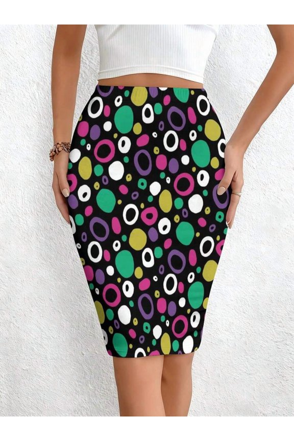 Multicolor Abstract Circle Print High-Waisted Pencil Skirt Womens