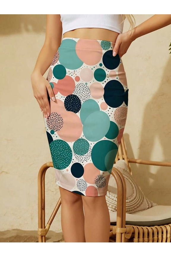Multicolor Abstract Circle Print Knit Bodycon Skirt For Women, Casual Pencil Skirt With Stretch Fit