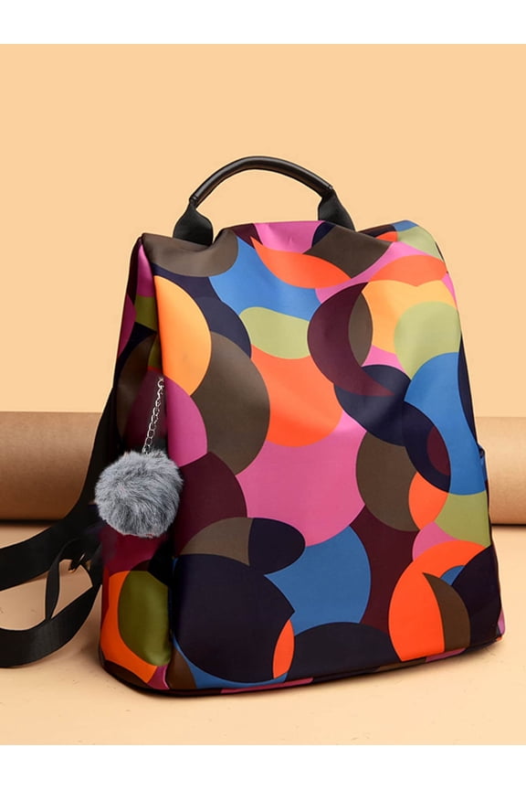 Multicolor Abstract Pattern Backpack With Pom-Pom Charm