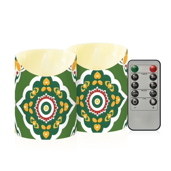 Multicolor Abstract Pattern Flickering Flameless Candles with Remote Timer Battery Operated LED Tealight Set of 2 M
