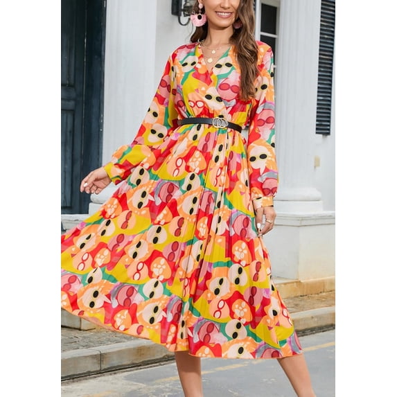Multicolor Abstract Print Pleated Dress, Yellow, X-Large