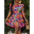 thumbnail image 1 of Multicolor Abstract Print Shirt Dress With Ruffle Lantern Sleeves And Side Slit, 1 of 7