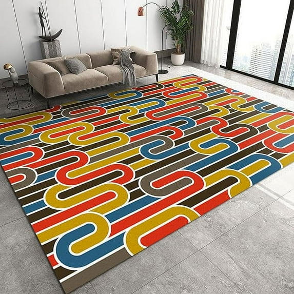 Multicolor Abstract Rainbow Striped Area Rug For Living Room, Retro Art Indoor Anti-Slip Carpet, Non-Slip Backing Durable Rugs For Door Mats Porch Hotels 3 x 5ft