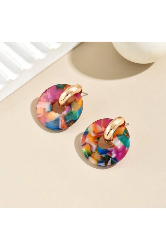 Multicolor Acetate Round Earrings With Yellow Gold-Tone Accent