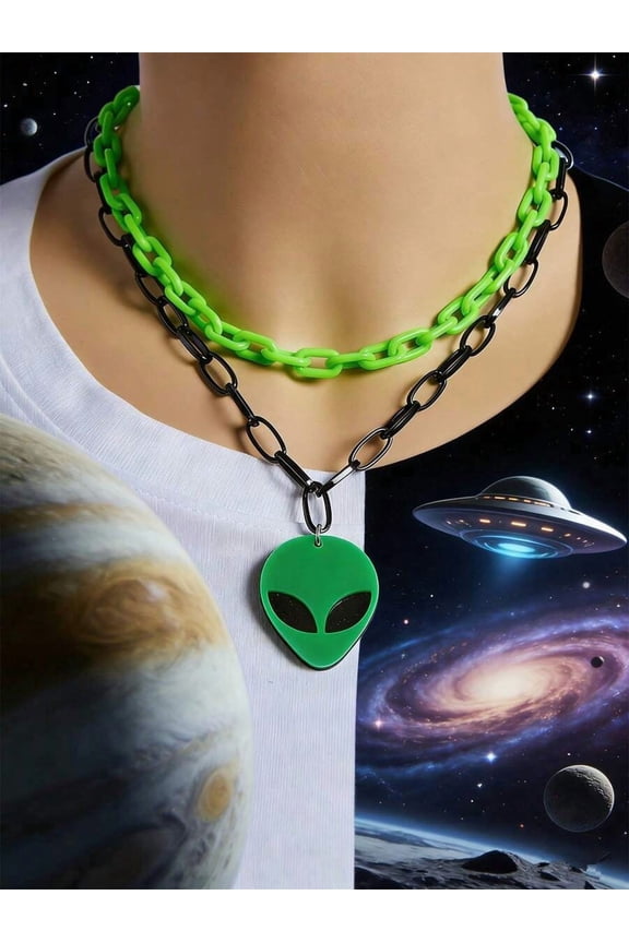 Multicolor Acrylic Alien Pendant Layered Chain Necklace For Adults