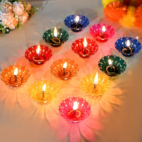 Multicolor Acrylic Hard Plastic Diyas Tealight Oil Lamps for Diwali Home Decor, 12-Count