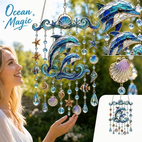 Multicolor Acrylic Wind Chime, Elegant Beaded Chain Ocean Pattern Hanging Suncatcher, Indoor Window Wall Decor for Nautical Style Apartment