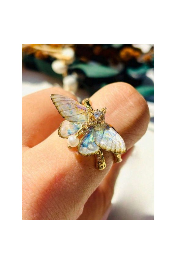 Multicolor Adjustable Moth Ring With Iridescent Wings And Simulated Pearl Accent Fairy Jewelry
