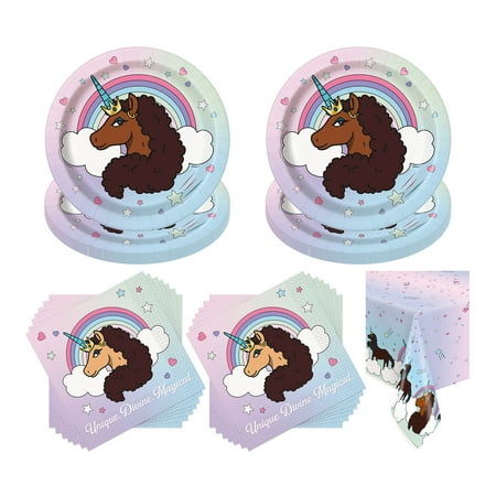 Multicolor Afro Unicorn Birthday Party Tableware Kit for 16 Guests