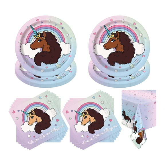 Multicolor Afro Unicorn Birthday Party Tableware Kit for 16 Guests