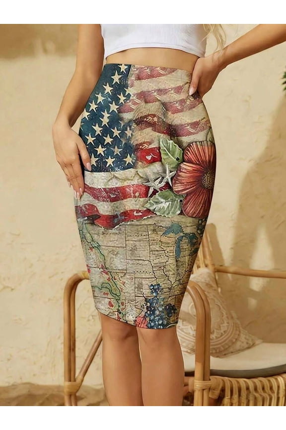 Multicolor American Flag And Map Print Bodycon Midi Skirt, Slim-Fit Pencil Skirt, Knit Fabric, Knee-Length