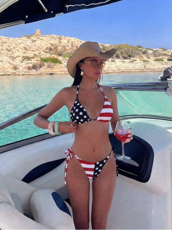 Multicolor American Flag Print Spaghetti Strap Side Tie Bikini Set For Women