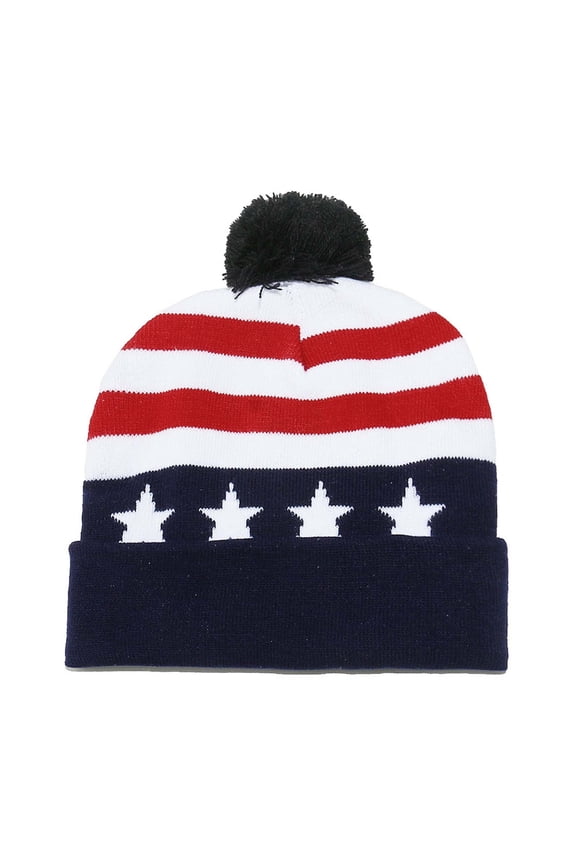 Multicolor American Flag Stars Usa Pattern Knitted Beanie Hat Folded Brim Winter Warm Acrylic Cap Head Circumference 22.8 Inch
