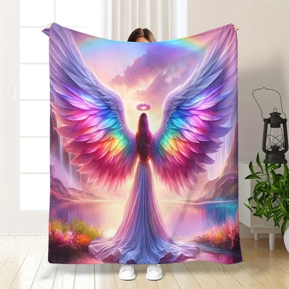 Multicolor Angel Wings Jesus Religious Printed Flannel Blanket - Vibrant Angel & Serene Landscape Design, Coarse Knitted Polyester, All-Season Softness, Machine Washable for Home, Office, Sofa, Bed,