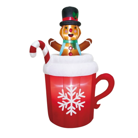 Multicolor Animated Gingerbread Man Pop-Up in Cocoa Mug Christmas Airblown Yard Inflatable, 66 Inch