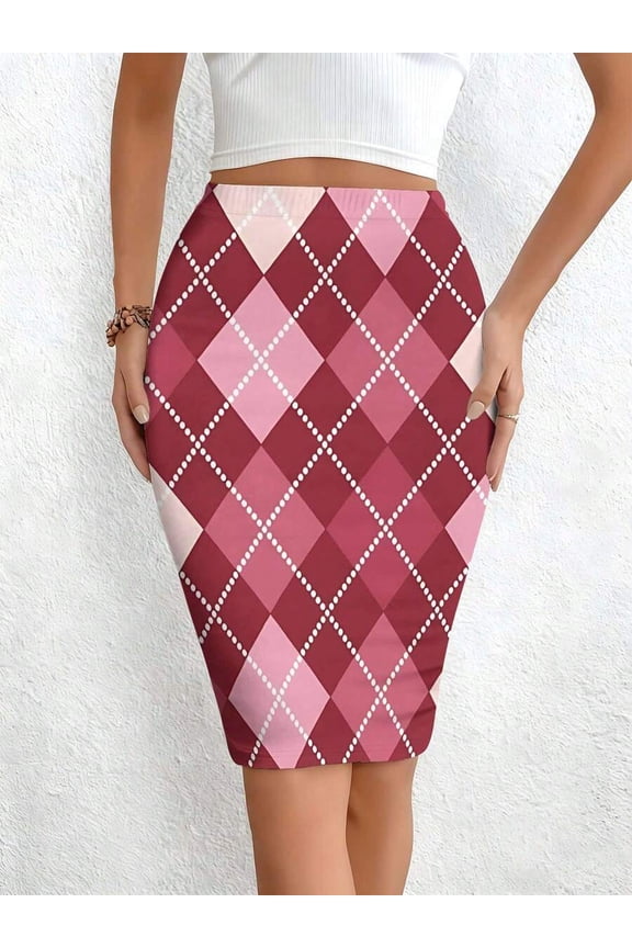 Multicolor Argyle Print Bodycon Skirt, High-Waisted Pencil Skirt With Slightly Elastic Knit Fabric, Casual Daily Wear