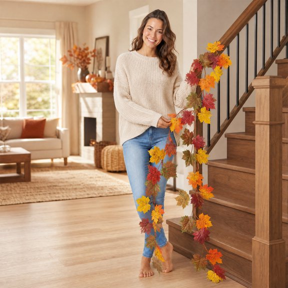 Multicolor Artificial Maple Leaf Fall Garland, Custom Bendable Structure Long Lasting Low Upkeep Foliage Vine, Hanging Swag for Dining Table Mantel Halloween Thanksgiving Styling
