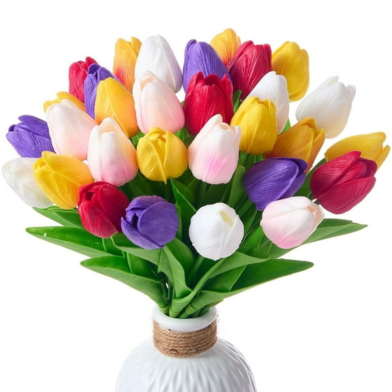 Multicolor Artificial Tulips Flowers,15 Pcs Fake Faux PU Tulip Bouquet,Real Touch Flower Arrangement,13" Fake Flowers Plant for Spring Easter Decor Mother's Day Valentine's Day Wedding,5 Colors