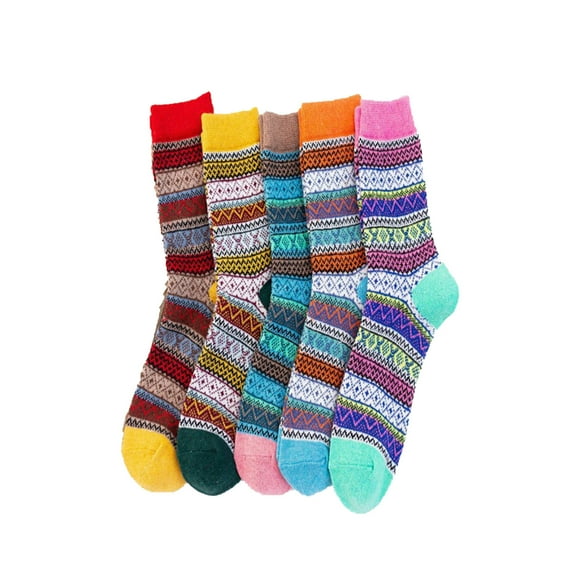 Multicolor Autumn Winter Women'S Rabbit Wool Socks Thickened Warm Mid Calf Socks Color Block Pattern Five Pairs Set Multicolor One Size Fits All