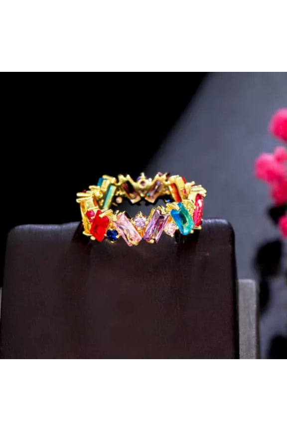 Multicolor Baguette CZ Yellow Gold Plated Rainbow Party Finger Ring Boho Jewelry
