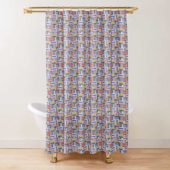 Multicolor Basket-Weave Geometric Shower Curtain, Blue, Pink, Green and White, 100% Polyester