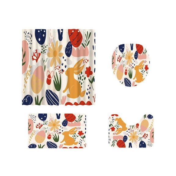 Multicolor Bathroom Shower Curtain Set With Matching Mats And Clear Pattern Printing