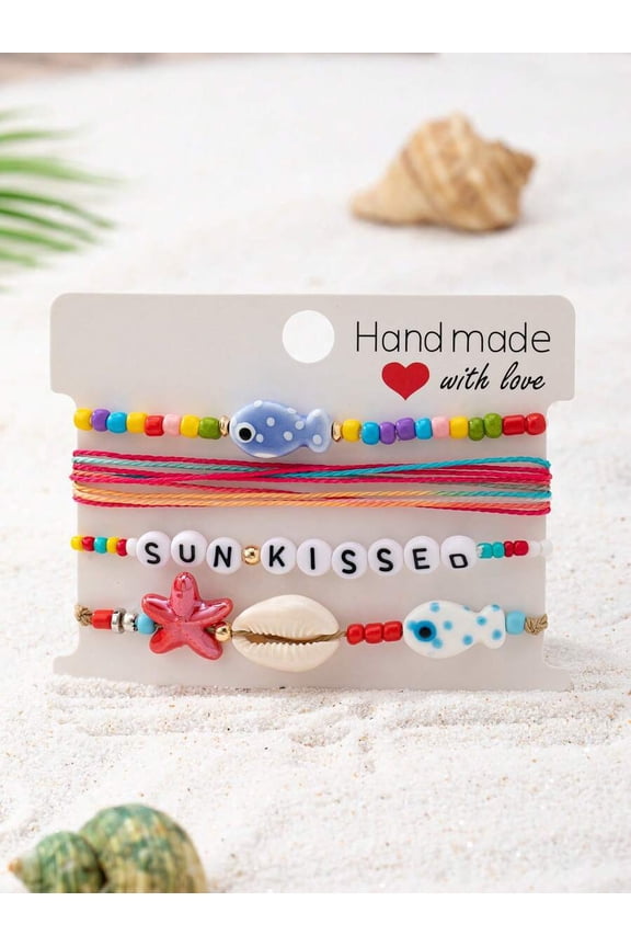 Multicolor Beach Boho Handmade Rope Bracelet Set With Starfish, Fish, Cowrie Shell & Beaded Letters