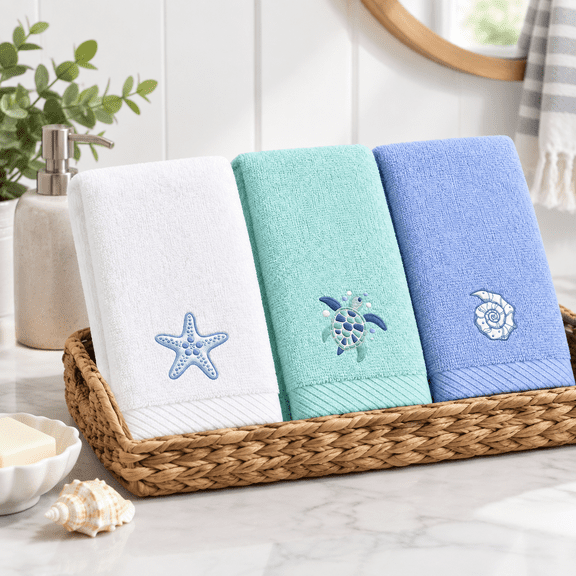 Multicolor Beach Cotton Hand Towels with Seashell Starfish Turtle Embroidery, Set of 3