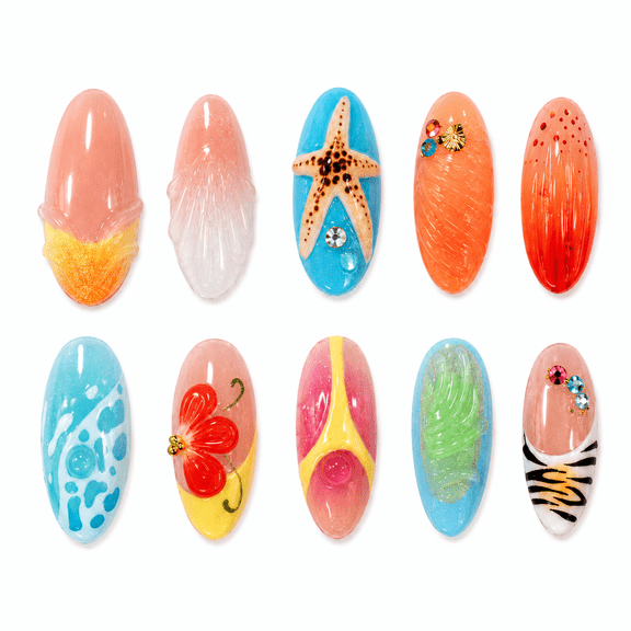 Multicolor Beach Press on Nails, Medium Almond Glossy False Nails with Starfish Shell Accent, 30 Count