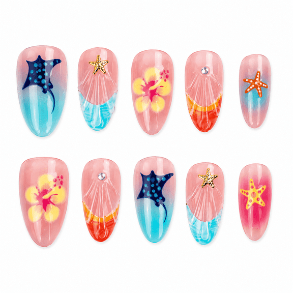 Multicolor Beach Press on Nails, Medium Almond Glossy False Nails with Starfish Shell Detail, 30 Count