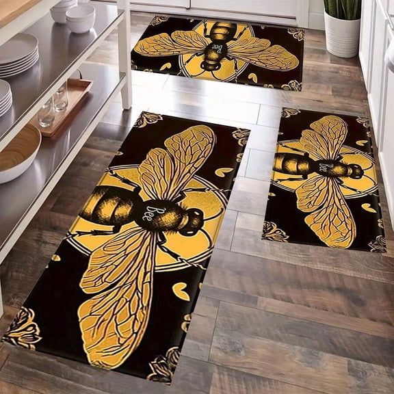 Multicolor Bee Print Kitchen Mat Set – Anti-Slip, Drainage, Machine Washable Floor Mats for Kitchen, Entryway & Bathroom