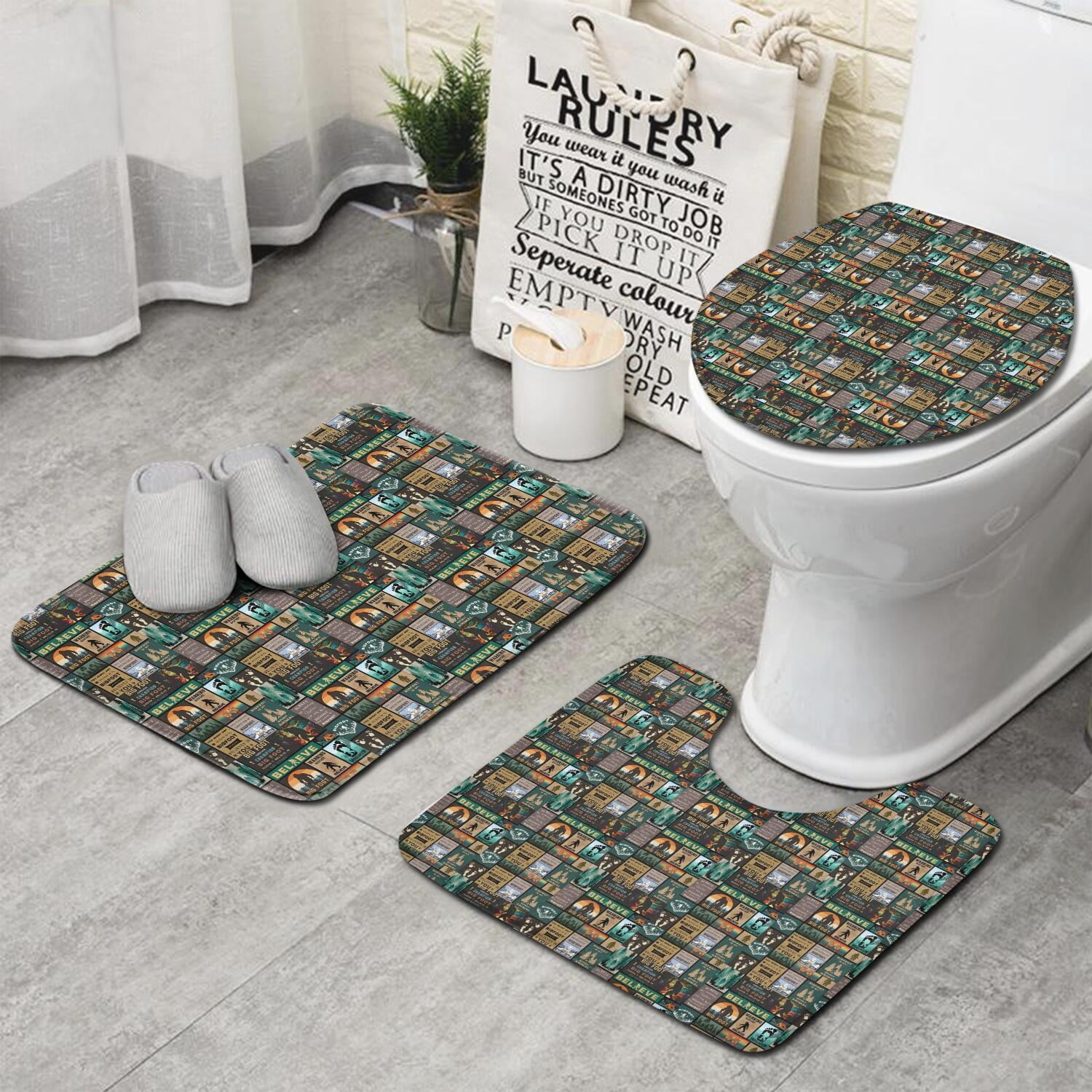 Multicolor Bigfoot and Text Pattern Bathroom Rugs Sets 3 Piece,Toilet ...