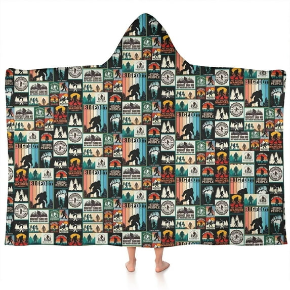 Multicolor Bigfoot and Text Pattern Hooded Bath Towel,60"x35" for Ages 3 To 12 Kids, Quick Dry Lightweight Soft Microfiber Hood Beach Towel Cover Up for Kids